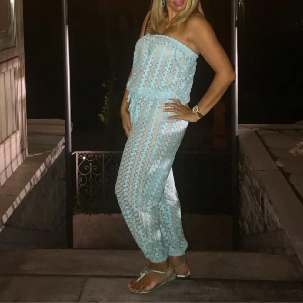 MELISSA ODABASH STELLA BANDEAU JUMPSUIT SKY BLUE KNIT L - Picture 7 of 8